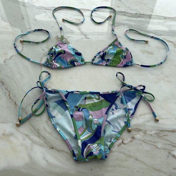 EMILIO PUCCI BLUE GREEN LAVENDER WHITE STRING BIKINI SIZE IT 42 / US 8 - Picture 1 of 17